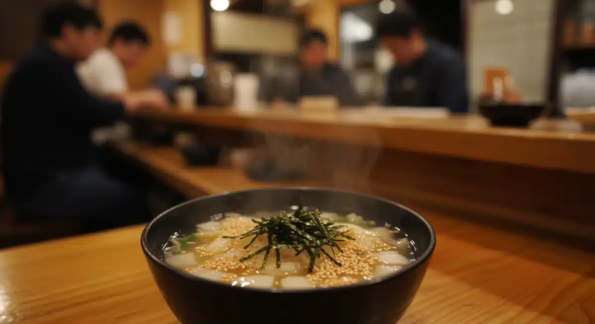 Steaming bowl of Ochazuke served at a traditional Japanese diner