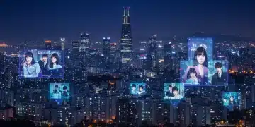 Seoul city skyline at night with digital projections of K-content, symbolizing global reach and innovation.