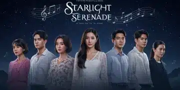 Promotional poster for Starlight Serenade, a 2025 Thai drama, with main actors under a starry night.