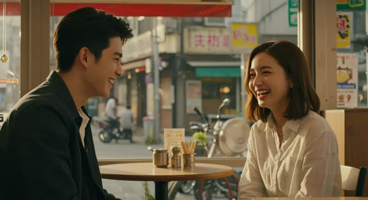 Actors in a modern Taiwanese romantic comedy enjoying coffee in a cafe, symbolizing the genre's charm and contemporary appeal.