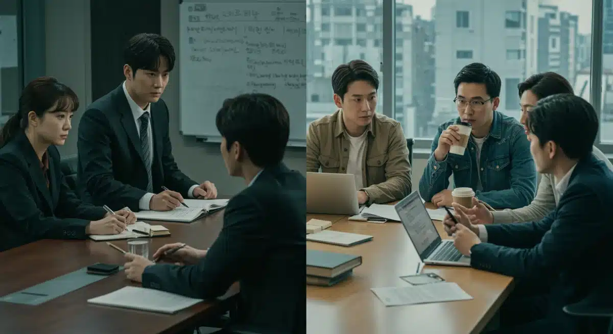 Korean drama office scene contrasted with a US office coffee break, illustrating universal workplace themes.