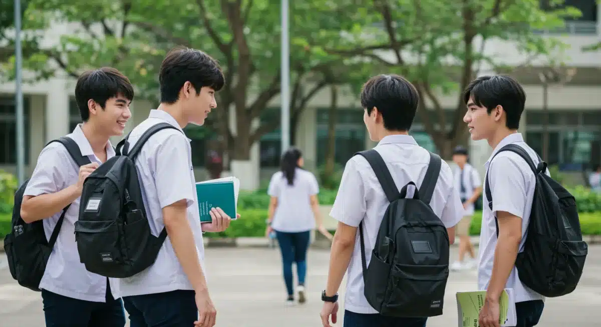 Young actors portraying a university romance scene in a Thai BL drama.