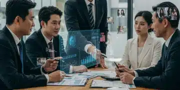 US and Asian executives analyzing financial data for Asian drama IP investment.