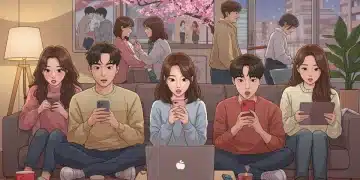 Diverse US viewers watching K-Drama romance on screens in a modern living room