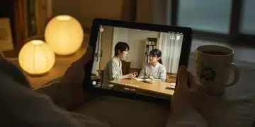 Person watching a comforting slice-of-life Japanese drama at home