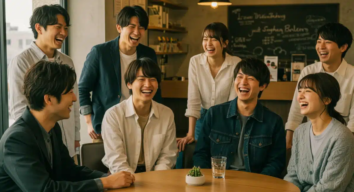 Young adults in a modern Japanese cafe, laughing and socializing, representing the lighthearted themes of J-Drama rom-coms.