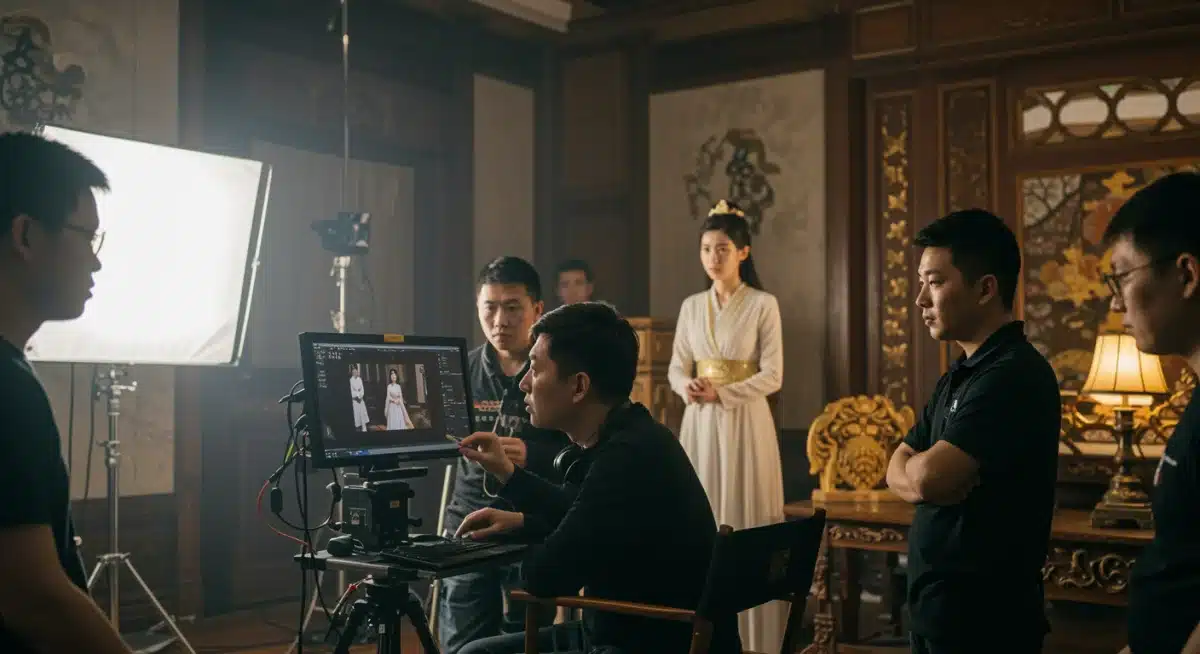 Behind-the-scenes C-drama production set with director and crew