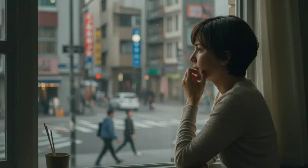 Character reflecting by a window overlooking a city, embodying a healing drama scene.