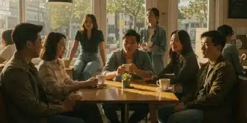 Diverse friends enjoying coffee in a modern cafe, symbolic of slice-of-life drama trends in 2026.