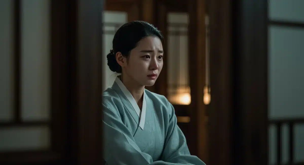 Lead actress from 'Echoes of Eternity' in a poignant scene, reflecting the drama's emotional depth and historical setting.