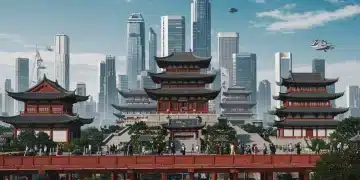 Futuristic skyline blending with traditional Asian architecture, representing evolving dorama production for U.S. audiences.