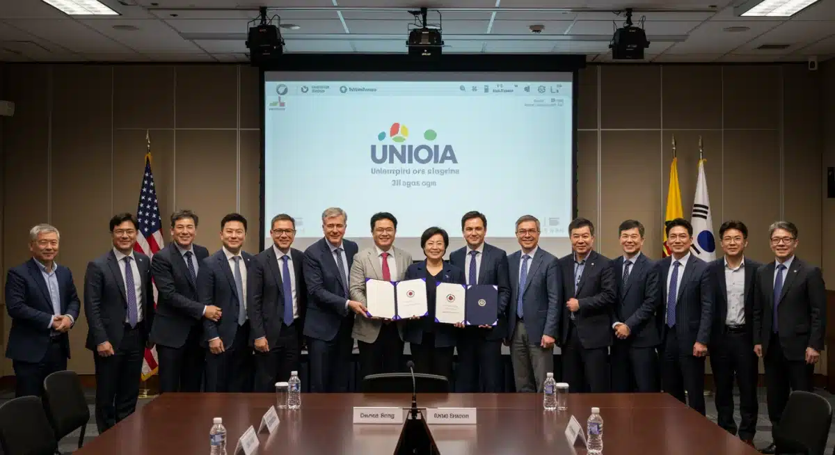 Executives from US and Korean media companies shaking hands, symbolizing a new strategic partnership.