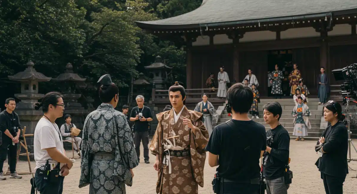 Behind-the-scenes look at a historical J-drama set, featuring actors in traditional attire and crew during production.