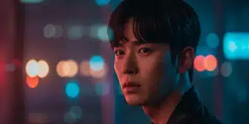 Intense character face with neon lights reflecting, symbolizing psychological tension in a K-drama thriller.