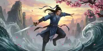 Wuxia hero in flight with sword, misty mountains