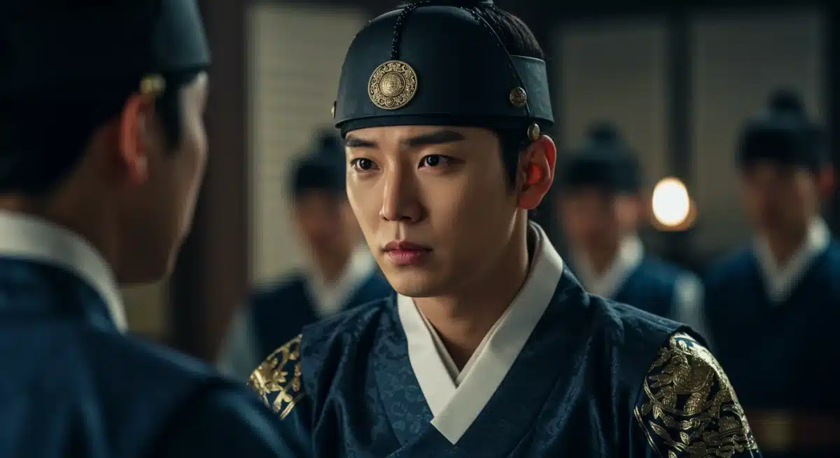 Lead actor in traditional Korean attire displaying strong emotion