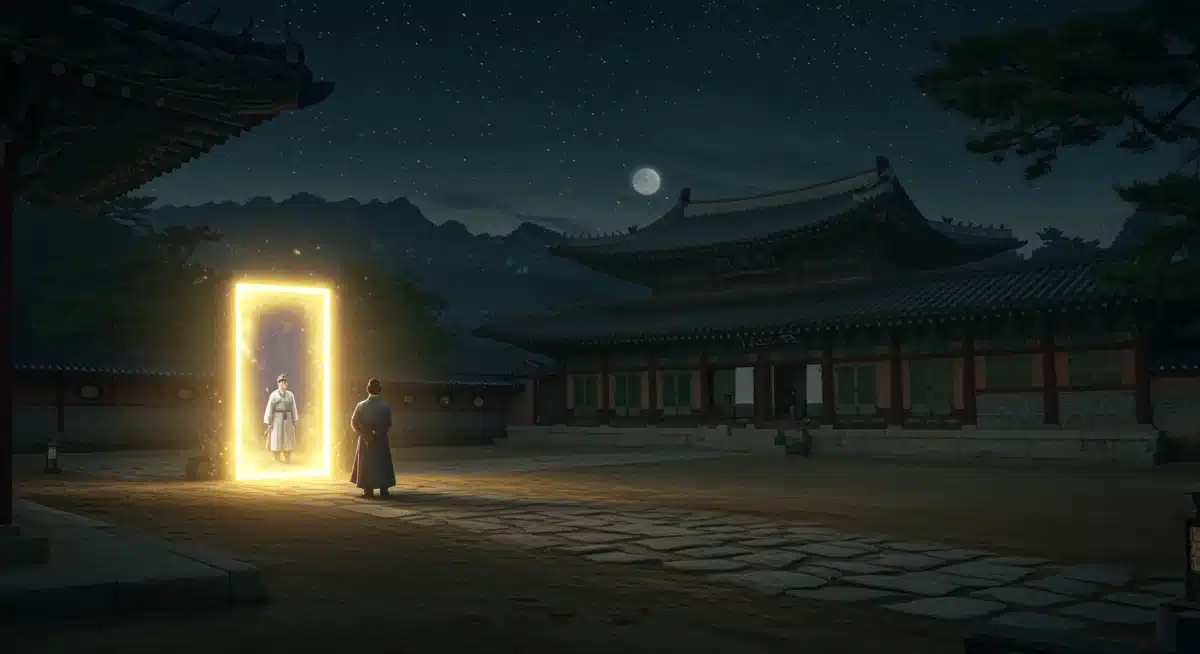 Moonlit Korean palace courtyard with a shimmering portal, hinting at time travel and interdimensional journeys in fantasy K-dramas.