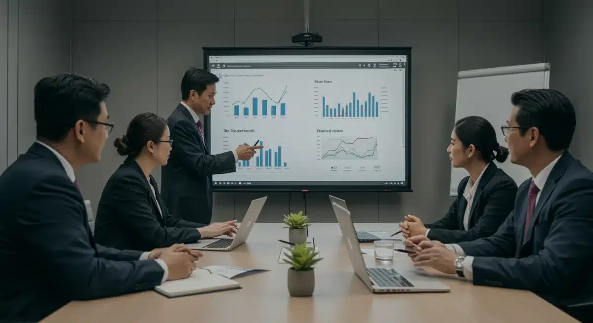 Business professionals strategizing over new U.S. trade policies affecting Asian entertainment.