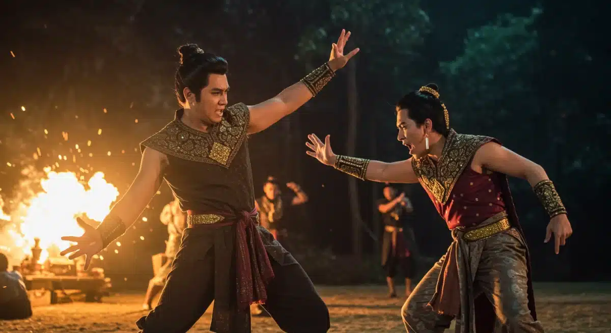 Action-packed scene from a fantasy Thai drama, with characters in traditional attire and special effects.