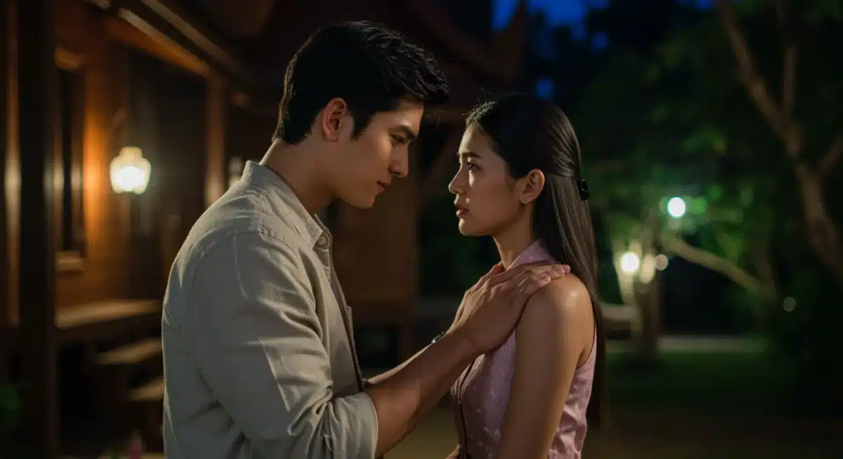 Romantic scene from a trending Thai drama, featuring lead actors in an emotional embrace.