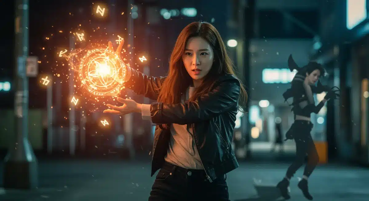 Dynamic female K-drama lead using glowing magic in a modern city, blending fantasy with contemporary urban aesthetics.
