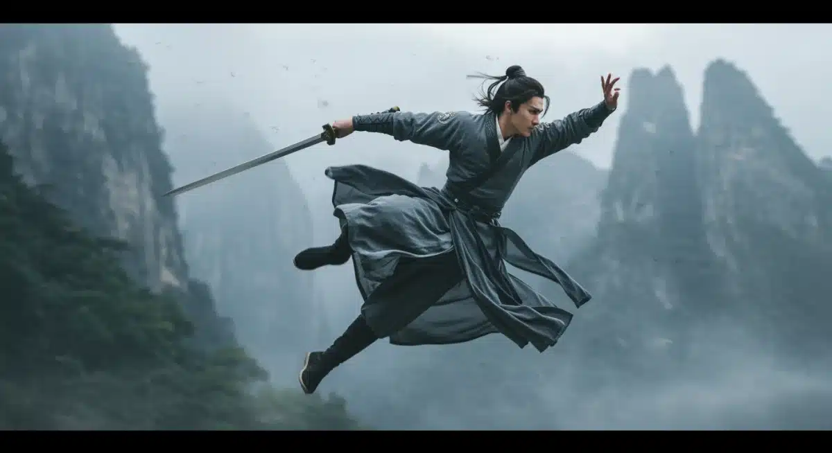 Wuxia martial artist in flowing robes performing an acrobatic sword move in a scenic mountain setting.