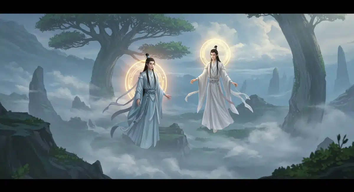 Xianxia celestial beings with glowing auras floating in a mystical, cloud-filled realm.